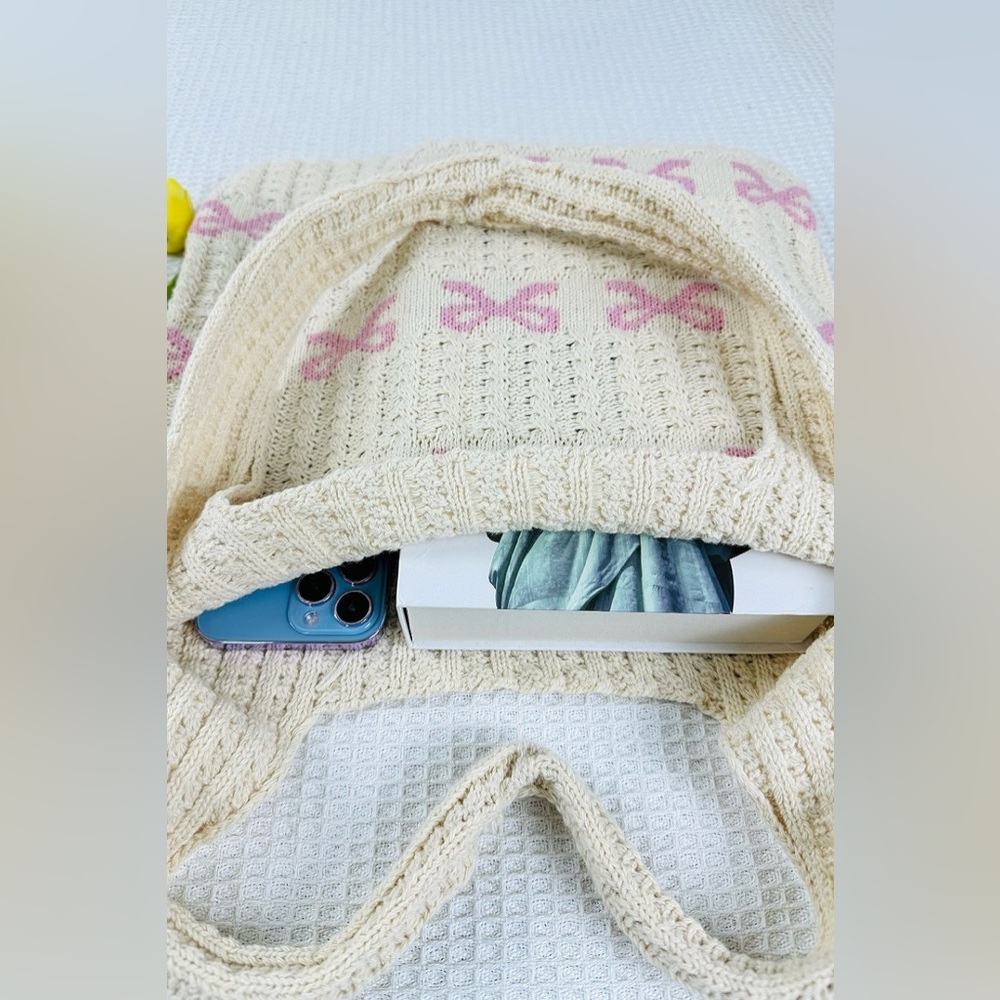 NEW Zenana Cream Pink Bow Knit Tote Bag Coquette Cottagecore Boutique - Picture 3 of 4